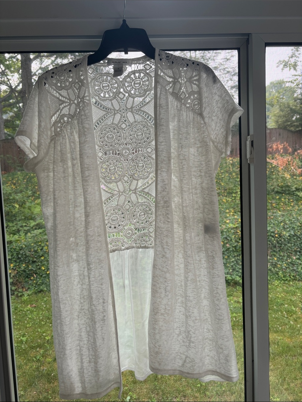 august silk White Crochet-Back Open Front Kimono/beach cover up